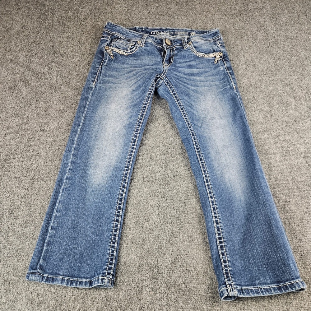 Grace in LA Womens Capri Jeans Size 27 Medium Wash Embellished Embroidered Denim